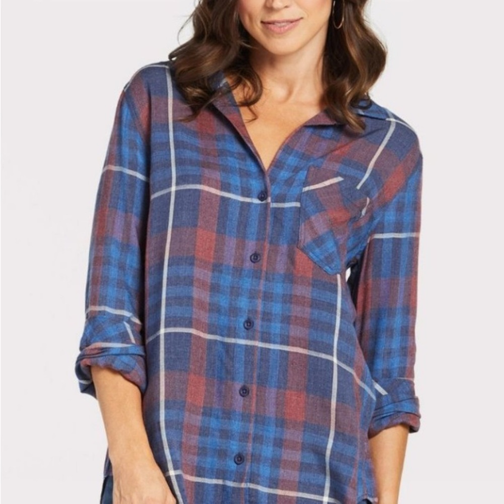 Anthropologie Cloth and Stone - Medium Blue/Red Plaid Button-Up Shirt